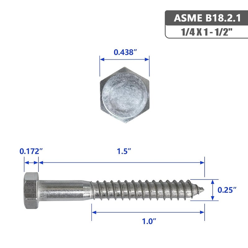 Instockbolts 1/4 X 1-1/2" Hex Head Lag Screws Bolts, 304 Stainless Steel 18-8, Hexagon Head Wood Screws Hex Lag Screws, Pack of 20 - Image 2